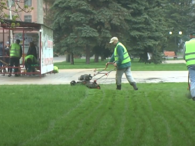 В центре Горловки приводят в порядок газоны (видео)