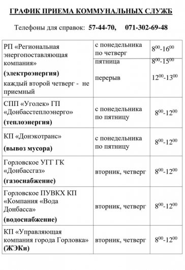 Опубликован график приёма коммунальных служб в Центре административных услуг Горловки